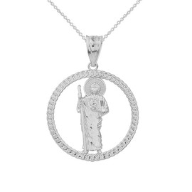 Solid White Gold Rope Frame Diamond Cut Saint Jude Circle Pendant Necklace