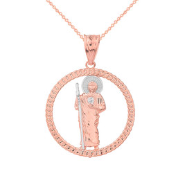 Solid Two Tone Rose Gold Rope Frame Diamond Cut Saint Jude Circle Pendant Necklace