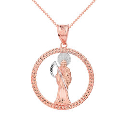 Solid Two Tone Rose Gold Rope Frame Diamond Cut Santa Muerte Circle Pendant Necklace