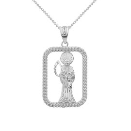 Solid White Gold Rope Frame Diamond Cut Santa Muerte Rectangle Pendant Necklace