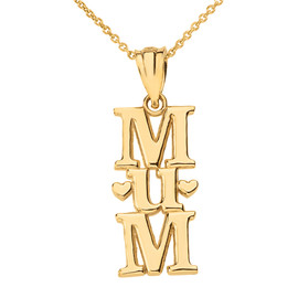 Solid Yellow Gold Vertical Heart Text Mum Pendant Necklace