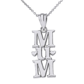 Solid White Gold Vertical Heart Text Mum Pendant Necklace