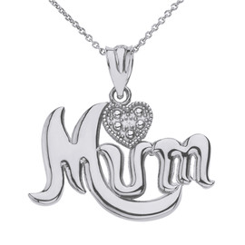 Sterling Silver Heart CZ  Cursive Mum Pendant Necklace
