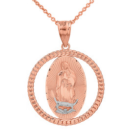 Solid Two Tone Rose Gold Cuban Link Circle Frame Diamond Cut Lady of Guadalupe Pendant Necklace