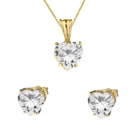 10K Yellow Gold Heart April Birthstone Cubic Zirconia (C.Z) Pendant Necklace & Earring Set