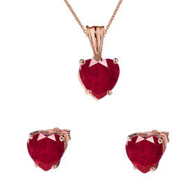 10K Rose Gold Heart July Birthstone Ruby (LCR) Pendant Necklace & Earring Set