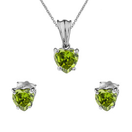 10K White Gold Heart  August Birthstone Peridot (LCP) Pendant Necklace & Earring Set