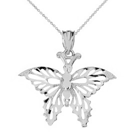 Sterling Silver Filigree Diamond Cut Butterfly Pendant Necklace