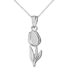 Solid White Gold Diamond Cut Tulip Pendant Necklace
