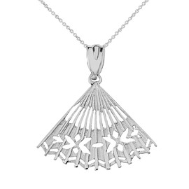 Solid White Gold Cut Out Folding Hand Fan Pendant Necklace