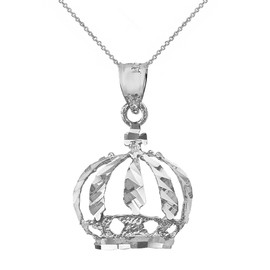 Sterling Silver Diamond Cut Christian Royal Crown Pendant Necklace