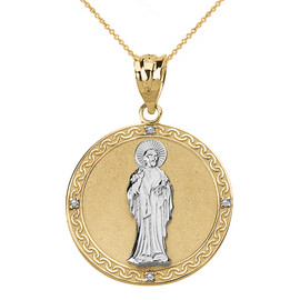 Solid Two Tone Yellow Gold Diamond Saint Peter Engravable Circle Medallion Pendant Necklace (Large)