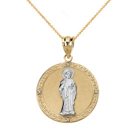 Solid Two Tone Yellow Gold Diamond Saint Peter Engravable Circle Medallion Pendant Necklace (Small)