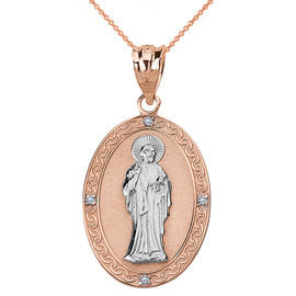 Solid Two Tone Rose Gold Diamond Saint Peter Engravable Oval Medallion Pendant Necklace (Large)