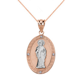 Solid Two Tone Rose Gold Diamond Saint Peter Engravable Oval Medallion Pendant Necklace (Small)