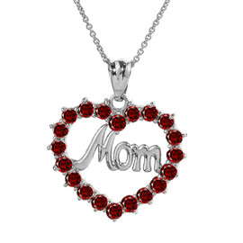 White  Gold "Mom" Garnet (LCG) Open Heart Pendant Necklace