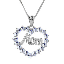 White  Gold "Mom" Aquamarine  (LCAQ) Open Heart Pendant Necklace