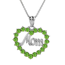 White Gold "Mom" Peridot  (LCPE) in Open Heart Pendant Necklace