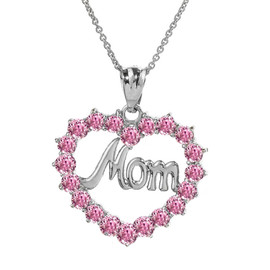 White  Gold "Mom" Pink (LCP) in Open Heart Pendant Necklace