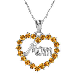 Sterling Silver  "Mom" Citrine (LCC) in Open Heart Pendant Necklace