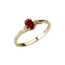 Dainty Yellow Gold Elegant Swirled Genuine Garnet Solitaire Ring