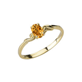 Dainty Yellow Gold Elegant Swirled Genuine Citrine Solitaire Ring