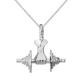 Solid Genuine White Gold Bodybuilding Lifting  Barbell 3D Pendant Necklace