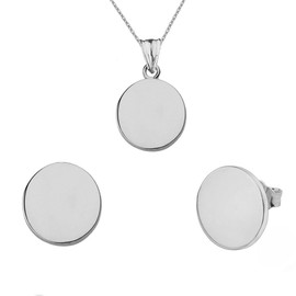 Solid White Gold Simple Round Pendant Necklace Set