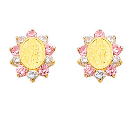 14K Gold Lady of Guadalupe CZ and Pink Sapphire Stud Earrings