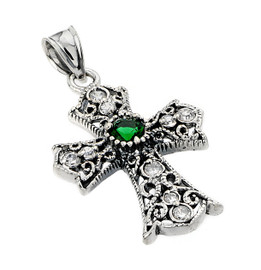 Oxidized Sterling Silver Celtic Cross Pendant with Emerald and CZ