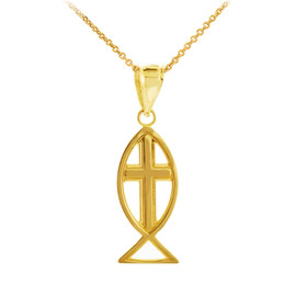 Yellow Gold Ichthus Cross Pendant Necklace