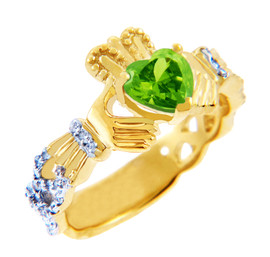 18K Yellow  Gold Diamond Claddagh Ring With 0.4 Ct Peridot