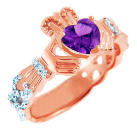 Rose Gold Diamond Claddagh Ring With 0.4 Ct  Amethyst