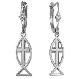 925 Sterling Silver Cross Ichthus Earrings