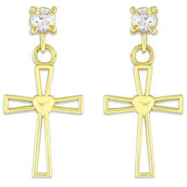 Gold Heart Cross CZ Post Earrings