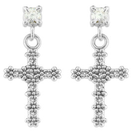 Sterling Silver Flower Cross CZ Post Earrings