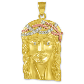 Multi-tone Yellow Gold Jesus Face Iced CZ Pendant