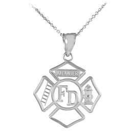 White Gold Fireman Open Badge Pendant Necklace