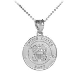 US Navy Solid White Gold Coin Pendant Necklace
