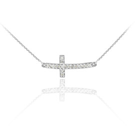 14K White Gold Sideways Curved CZ Cute Cross Necklace