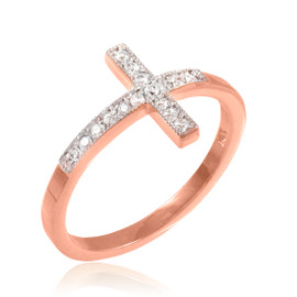 Rose Gold CZ Pave Sideways Cross Ring