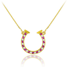 14K Gold Clear & Red CZ Horseshoe Necklace