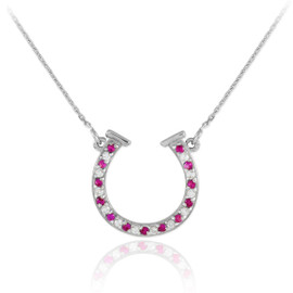 14K White Gold Clear & Red CZ Horseshoe Necklace