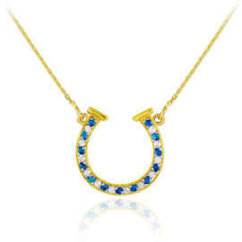 14K Gold Clear & Blue CZ Horseshoe Necklace