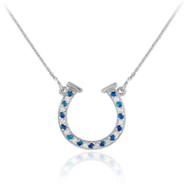 14K White Gold Clear & Blue CZ Horseshoe Necklace