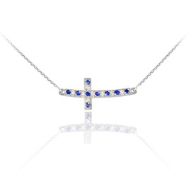 14K White Gold Cute Sideways Curved Cross Blue and Clear CZ Necklace