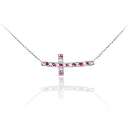 14K White Gold Cute Sideways Curved Cross Red and Clear CZ Necklace