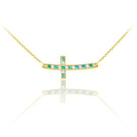 14K Gold Cute Sideways Curved Cross Green and Clear CZ Necklace