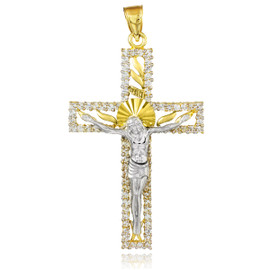 Two-Tone Gold CZ Crucifix Pendant