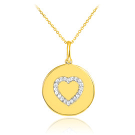 Heart disc pendant necklace with diamonds in 14k gold.